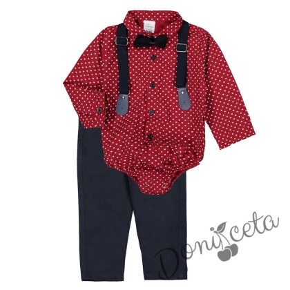 Комплект от червена боди-риза на точки, тиранти, панталони и папийонка в тъмносиньо