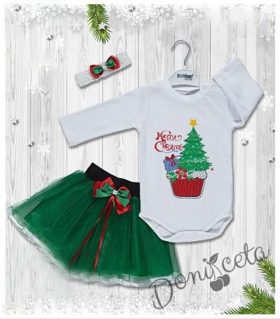 Коледен комплект от боди в бяло с елха, пола в зелено и лента за коса