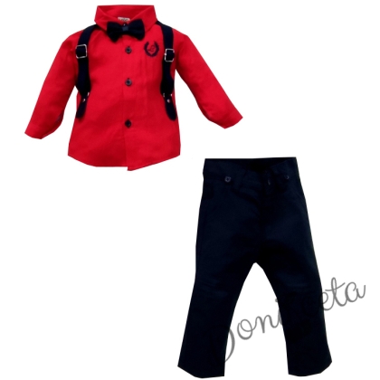 Комплект от панталон в тъмносиньо, риза в червено с тиранти и папийонка