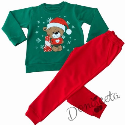 Коледен ватиран комплект от 2 части панталон в червено и блуза в зелено с мече