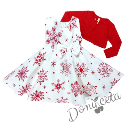 Комплект от рокличка за Коледа с червени снежинки и болеро в червено 1