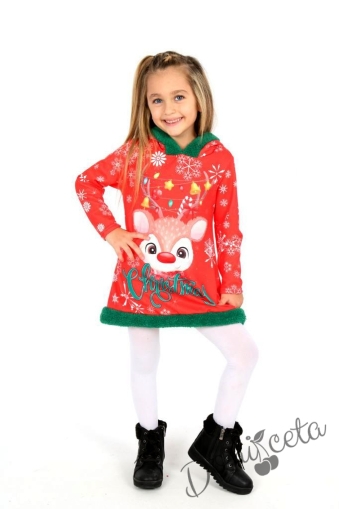 Коледна детска рокля в червено с елен и  качулка 1