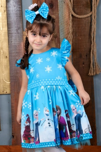 Детска официална рокля с къс ръкав с Елза в светлосиньо с панделка за коса