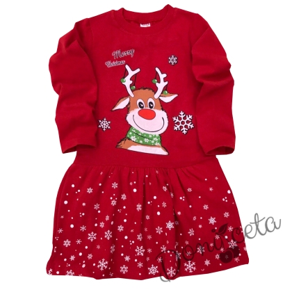Коледна детска рокля в червено с елен и снежинки