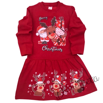 Коледна детска рокля в червено с елен и дядо Коледа
