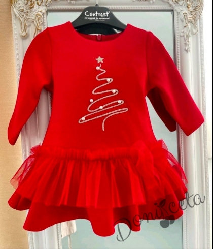 Коледна бебешка рокля в червено с елха