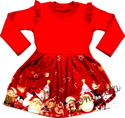 Детска коледна рокля с дядо Коледа и снежинки с дълъг ръкав в червено