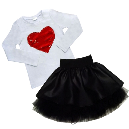 Комплект от пола в черно и блуза в бяло със сърце от пайети в червено