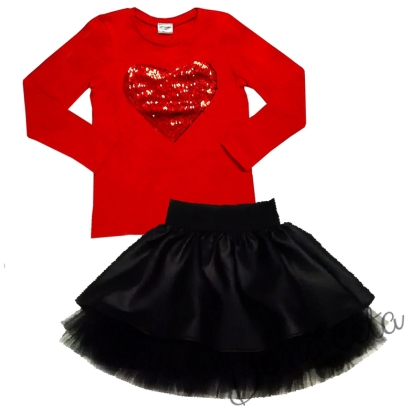 Комплект от пола в черно и блуза в червено със сърце от пайети в червено