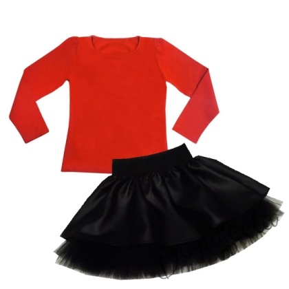 Комплект от пола от кожа и тюл в черно и блуза в червено Дари