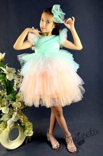 Детска рокля в тюркоаз/мента с многоцветен тюл на пластове с аксесоар за коса