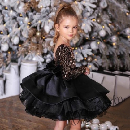 Официална детска рокля с дълъг ръкав в черно с пайети 1