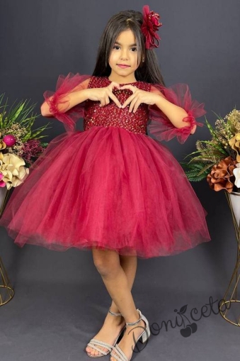 Официална детска рокля Карин с ръкав 7/8 с пайети и тюл в бордо с диадема с панделка 1