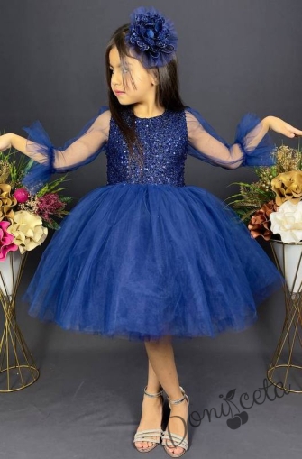 Официална детска рокля Карин с ръкав 7/8 с пайети и тюл в синьо с диадема с панделка 1