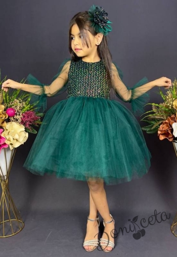 Официална детска рокля Карин с ръкав 7/8 с пайети и тюл в тъмнозелено с диадема с панделка 1