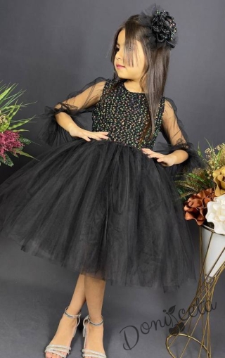 Официална детска рокля Карин с ръкав 7/8 с пайети и тюл в черно с диадема с панделка 1
