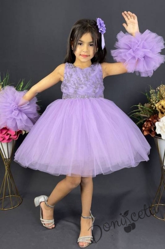 Официална детска рокля с богат тюл в бледолилаво с дантела Мия