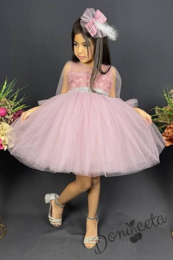 Официална детска рокля с ръкав 7/8 с тюл в пепел от рози и панделка за коса 1