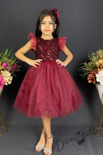 Официална детска рокля Набел в бордо с тюл и панделка за коса 1