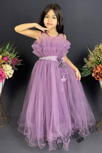 Официална детска дълга рокля Анджелина в лилаво с тюл без ръкав 