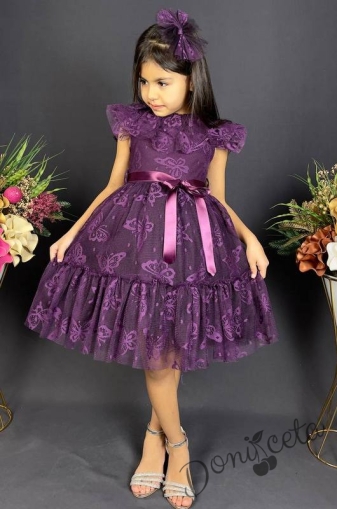 Детска рокля в тъмнолилаво с къс ръкав и панделка за коса с пеперуди