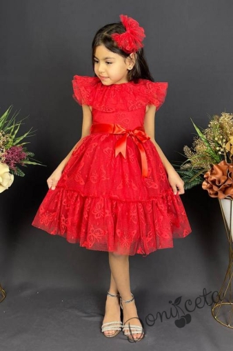 Детска рокля в червено с къс ръкав и панделка за коса с пеперуди
