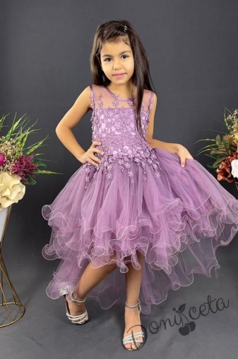 Детска рокля в лилаво на цветя с къс ръкав и тюл 1