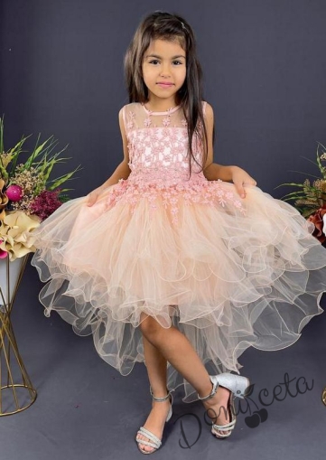 Детска рокля в прасковено на цветя с къс ръкав и тюл 1