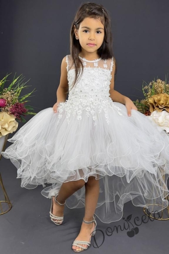 Детска рокля бяло с цветя,  без ръкав с тюл 1