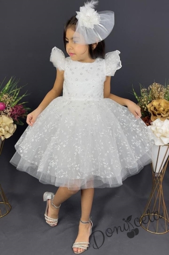 Официална детска рокля с къс  ръкав от дантела в бяло с панделка за коса 1