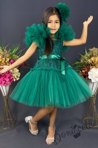 Официална детска рокля с  тюл и помпони  в тъмно зелено с дантела 1