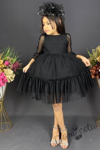 Детска рокля с ръкав 7-8 в черно с точки Зея 1