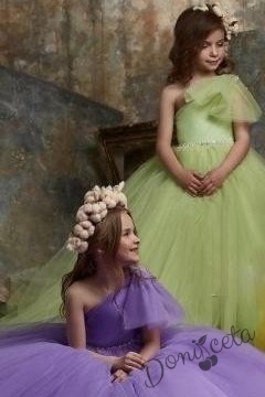 Официална детска дълга рокля в зелено с тюл  2