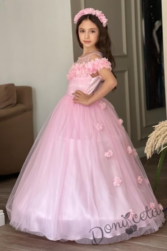 Официална дълга детска рокля с обръч в розово с тюл и цветя 1