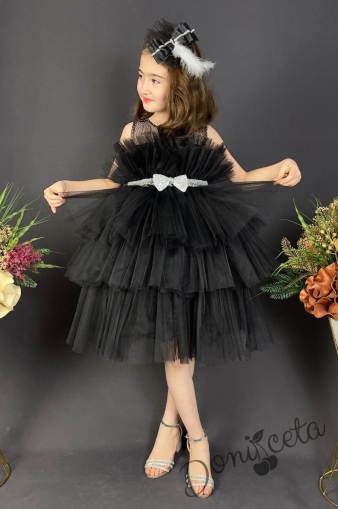 Официална детска рокля без ръкав с богат тюл в черно и панделка за коса 1