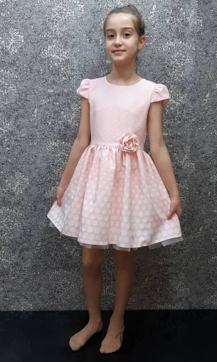 Официална детска  рокля в светлорозово с къс ръкав и точки 1