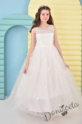 Официална дълга детска рокля Чия с тюл и цветя без ръкав  в бяло 1