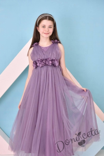 Официална детска дълга рокля Аба в лилаво с тюл без ръкав с цветя 1