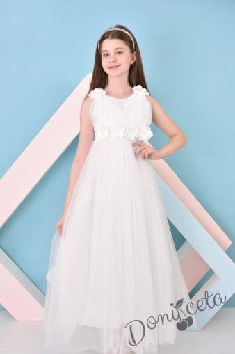 Официална детска дълга рокля Аба в бяло с тюл без ръкав с цветя 1