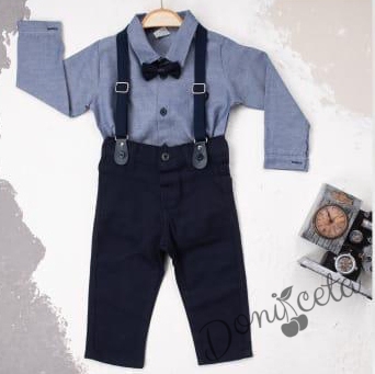 Бебешки комплект от панталон в черно, риза в синьо, тиранти и папийонка  1