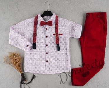 Комплект от риза в бяло.панталон, тиранти с орнаменти и папийонка в червено 1