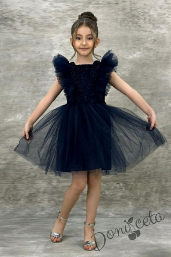 Официална детска рокля с къс ръкав в тъмносиньо с богат тюл 1