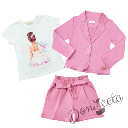 Детски комплект от сако, къси панталони в розово и тениска в екрю 1