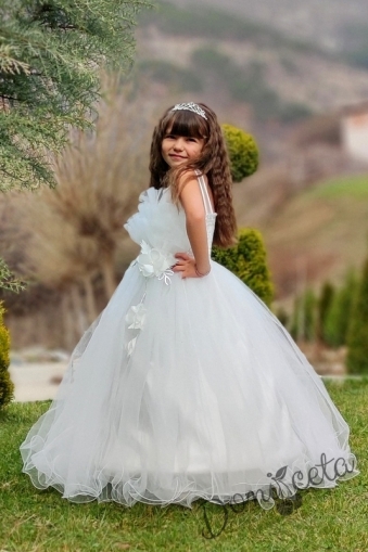 Официална детска дълга рокля Анджелина в бяло с пола с обръчи