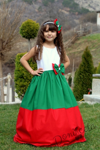 Детска дълга рокля в бяло, зелено и червено с пола с обръчи