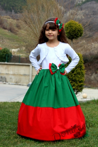 Детска дълга рокля в бяло, зелено и червено с пола с обръчи и болеро