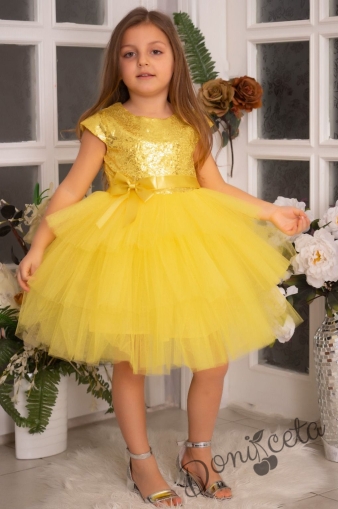 Детска официална рокля Хава в жълто от пайети и тюл на пластове 1