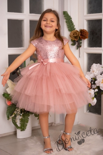 Детска официална рокля Хава в пепел от рози от пайети и тюл на пластове 1