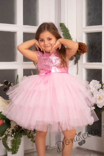 Детска официална рокля Хава в розово от пайети и тюл на пластове 1