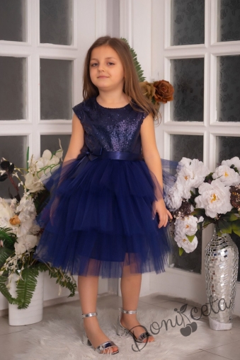 Детска официална рокля Хава в тъмносиньо от пайети и тюл на пластове 1